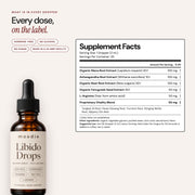 Moodie Libido Drops Supplement Facts: organic maca root extract 30:1 100 mg, ashwagandha root extract 10:1 100 mg, organic beet root extract 30:1 100 mg, organic fenugreek seed extract 30:1 50 mg, L-arginine 50 mg, proprietary blend 50 mg per 2 mL dropper.